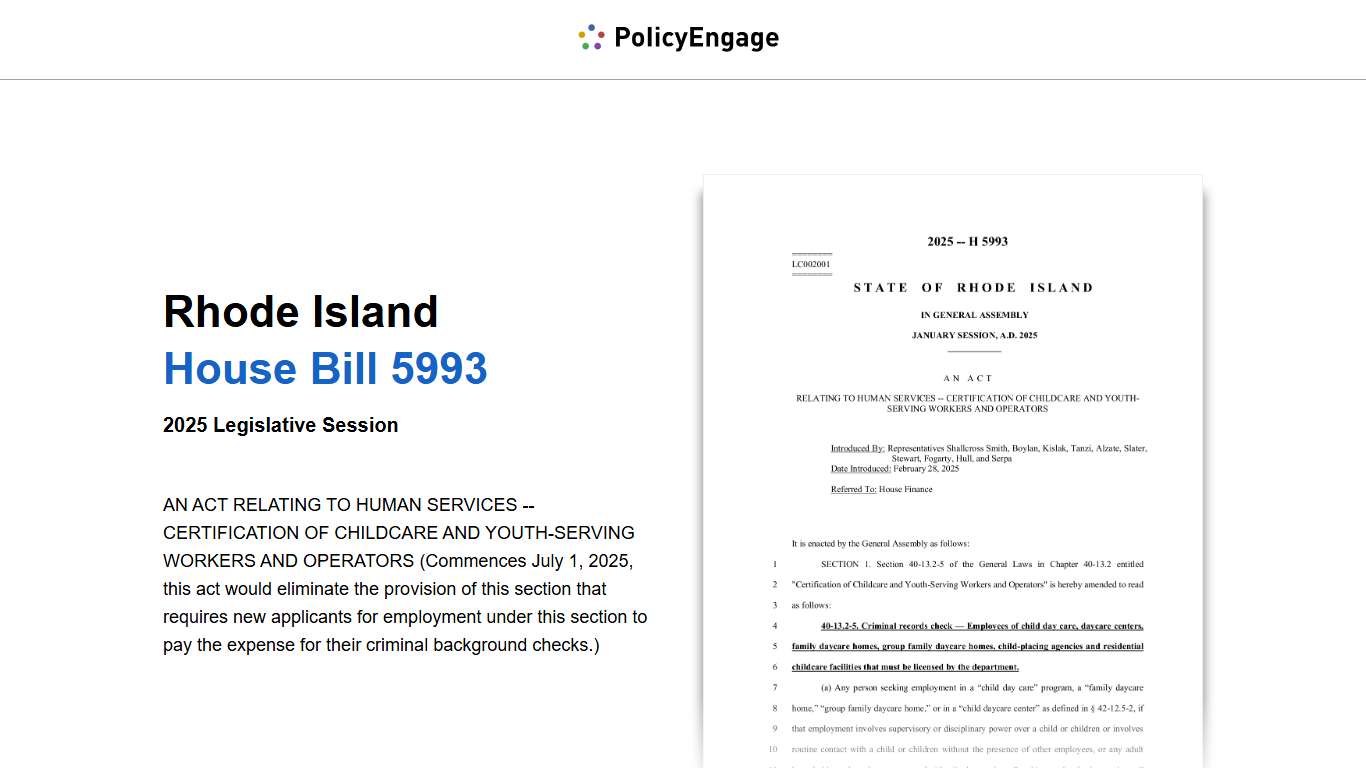 RI HB5993 | Rhode Island House Bill 5993 | 2025 Legislative Session | AN ACT RELATING TO HUMAN SERVICES -- CERTIFICATION OF CHILDCARE AND YOUTH-SERVING WORKERS AND OPERAT… | PolicyEngage